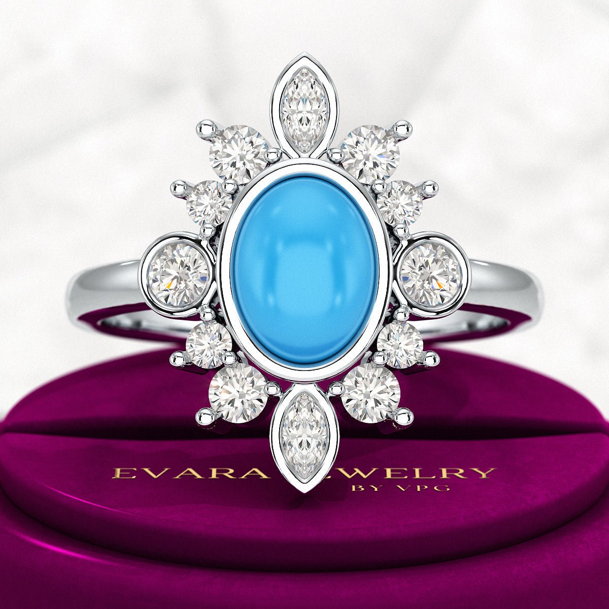 Diamond & Natural Turquoise Art Deco Statement Oval Wedding Ring - Evara Jewelry LLC