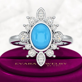 Diamond & Natural Turquoise Art Deco Statement Oval Wedding Ring - Evara Jewelry LLC