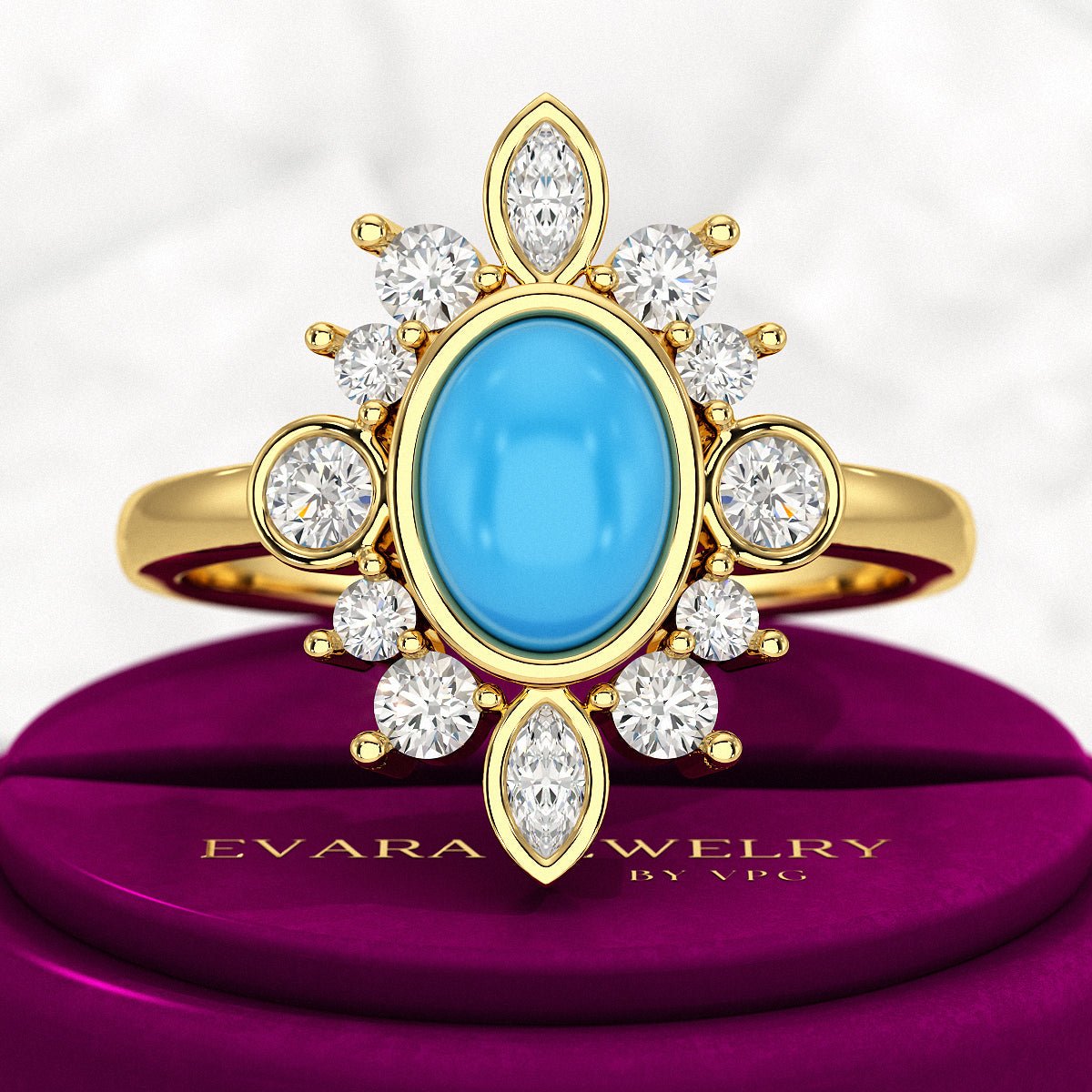 Diamond & Natural Turquoise Art Deco Statement Oval Wedding Ring - Evara Jewelry LLC