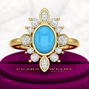 Diamond & Natural Turquoise Art Deco Statement Oval Wedding Ring - Evara Jewelry LLC