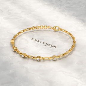 Diamond Paperclip Bracelet with Round Cut Lab Grown Diamond in Solid Gold - Evara Jewelry LLC