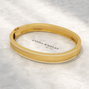 Diamond Ribbed Cuff Bangle studded in Solid Gold - Evara Jewelry LLC