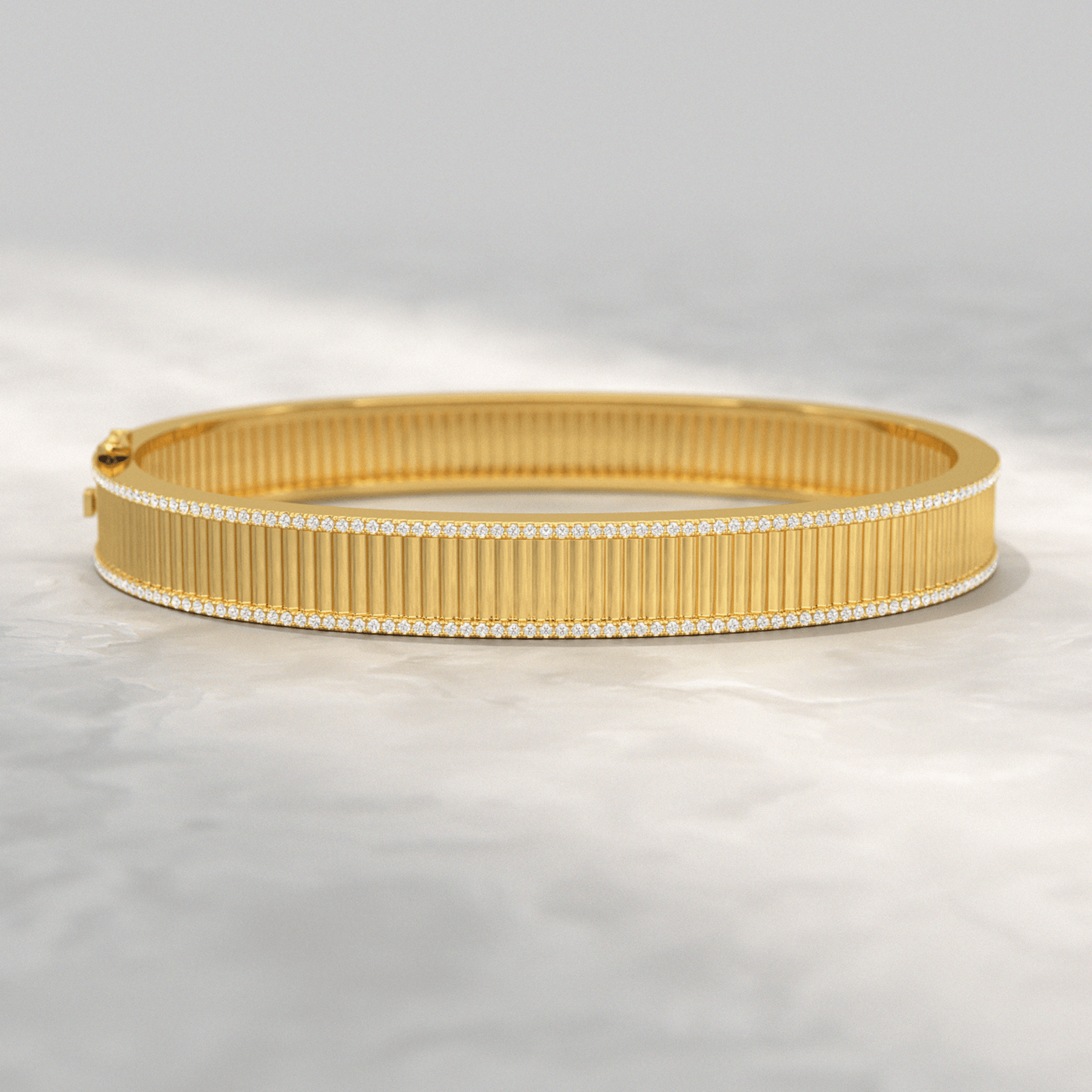 Diamond Ribbed Cuff Bangle studded in Solid Gold - Evara Jewelry LLC