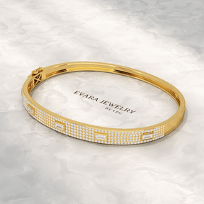 Diamond Round & Baguette Luxury Cuff Bracelet in Gold - Evara Jewelry LLC