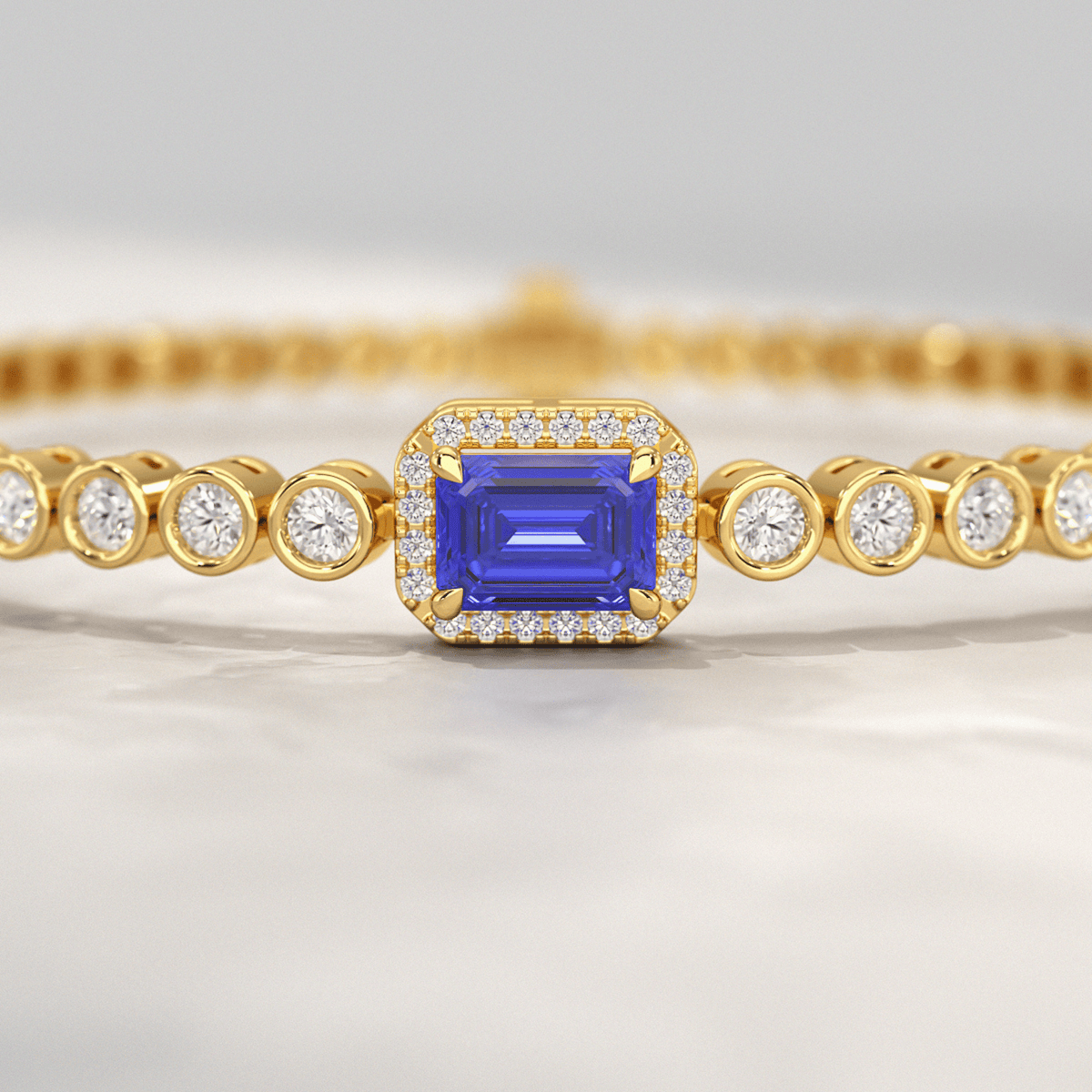Diamond Tennis Bracelet with Emerald Cut Tanzanite in 14K Solid Gold - Evara Jewelry LLC