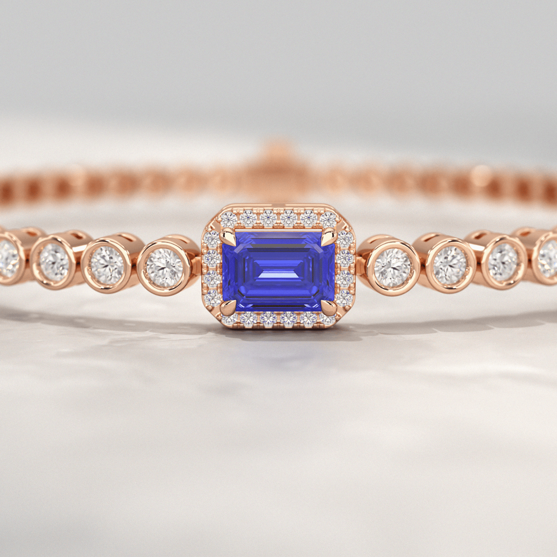 Diamond Tennis Bracelet with Emerald Cut Tanzanite in 14K Solid Gold - Evara Jewelry LLC