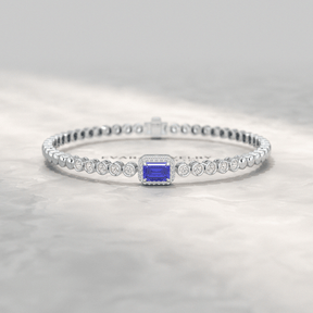 Diamond Tennis Bracelet with Emerald Cut Tanzanite in 14K Solid Gold - Evara Jewelry LLC