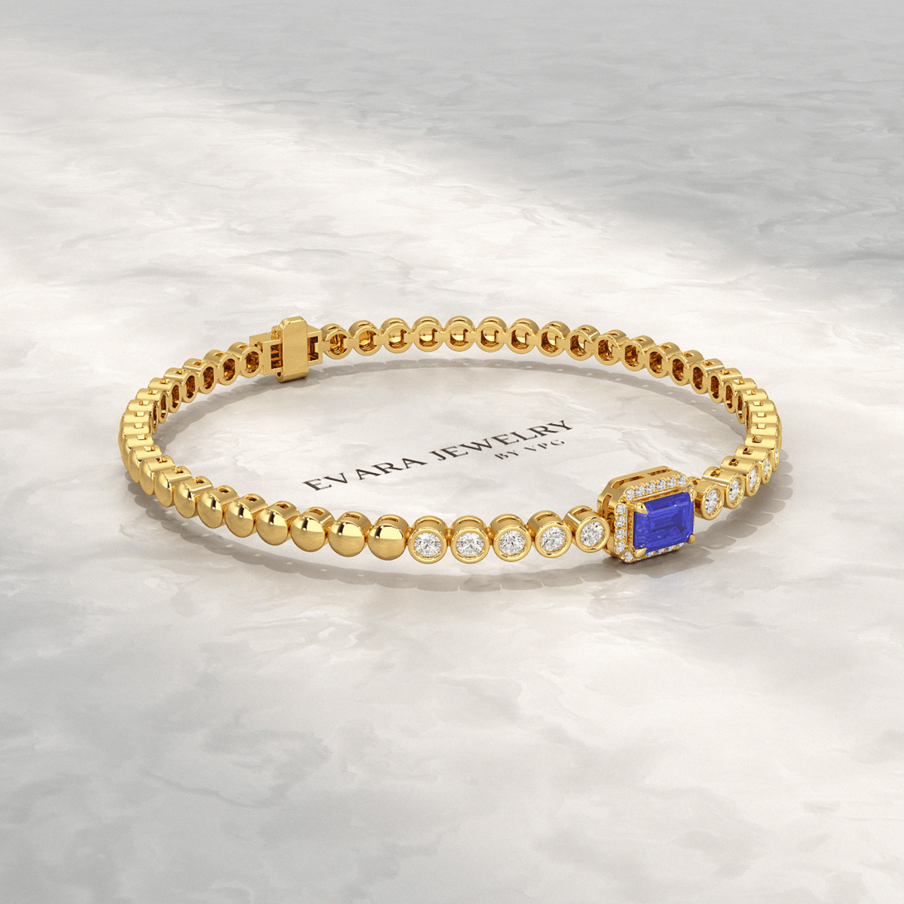 Diamond Tennis Bracelet with Emerald Cut Tanzanite in 14K Solid Gold - Evara Jewelry LLC