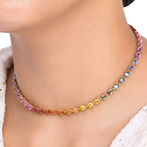 44 Carat Natural Pear-Cut Rainbow Sapphire Prong-Set Tennis Necklace