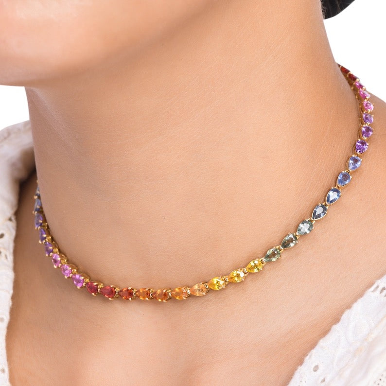 44 Carat Natural Pear-Cut Rainbow Sapphire Prong-Set Tennis Necklace