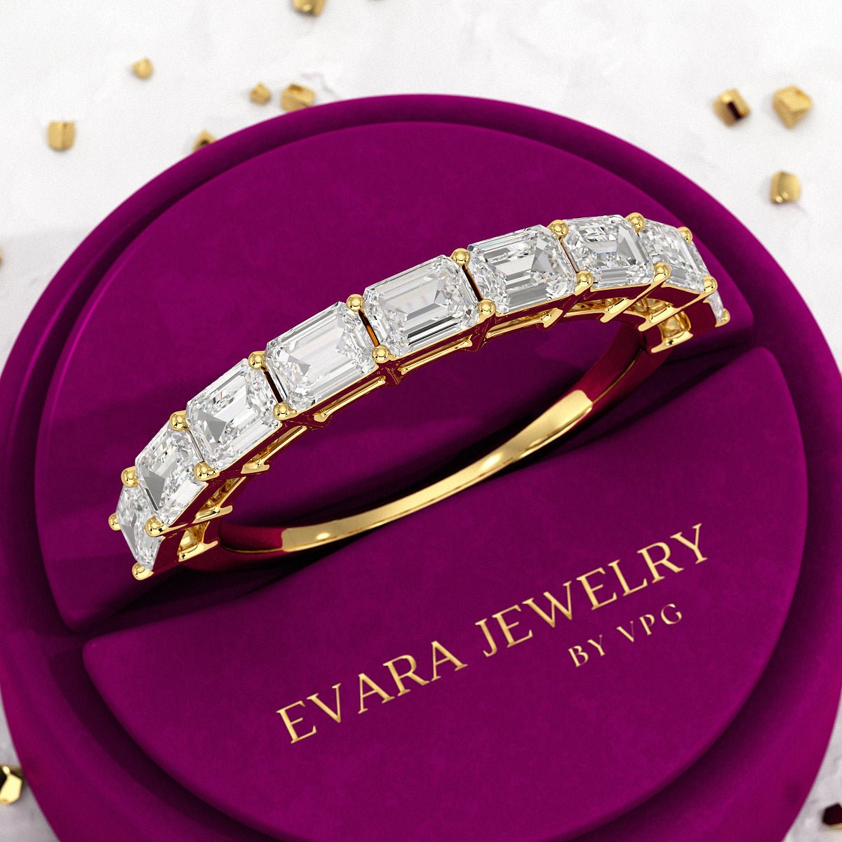 East West Luxury Emerald Cut Diamond Wedding Band - Evara Jewelry LLC