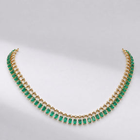 14K Gold Natural Emerald & Diamond Dot Dash Choker Necklace