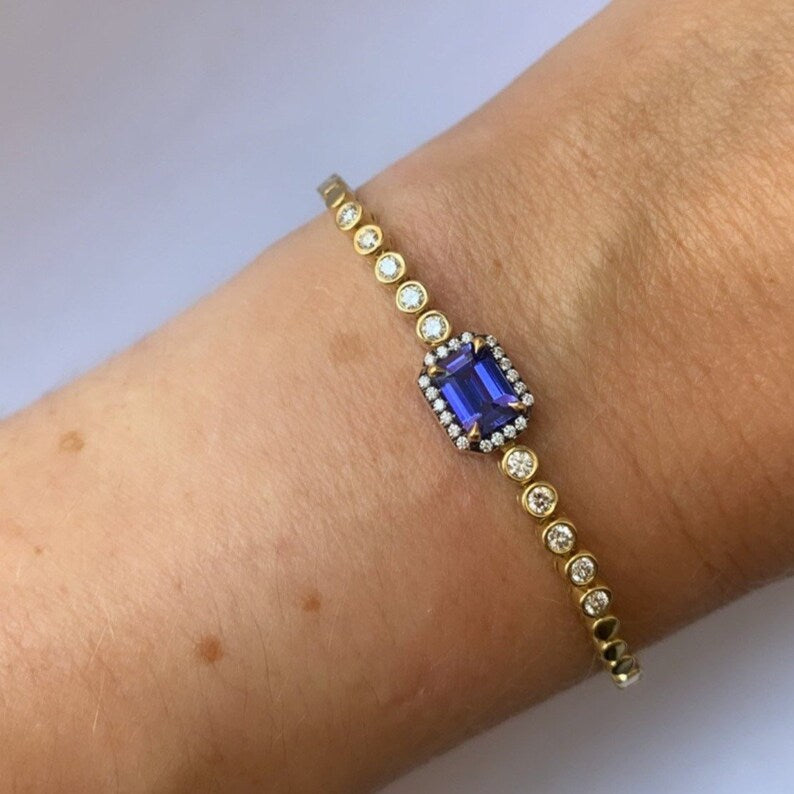 Diamond Tennis Bracelet with Emerald Cut Tanzanite in 14K Solid Gold