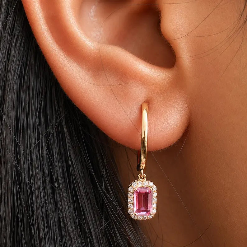 1 Carat Natural Pink Sapphire Hoop Earrings: Emerald Cut, 14K Yellow Gold