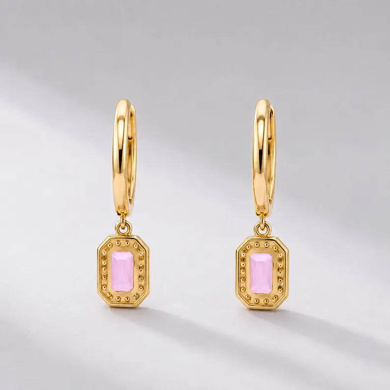 1 Carat Natural Pink Sapphire Hoop Earrings: Emerald Cut, 14K Yellow Gold