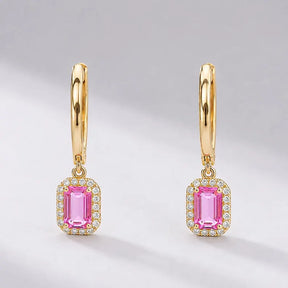1 Carat Natural Pink Sapphire Hoop Earrings: Emerald Cut, 14K Yellow Gold