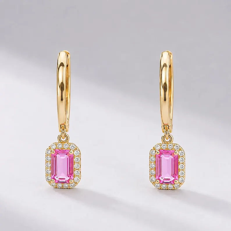 1 Carat Natural Pink Sapphire Hoop Earrings: Emerald Cut, 14K Yellow Gold