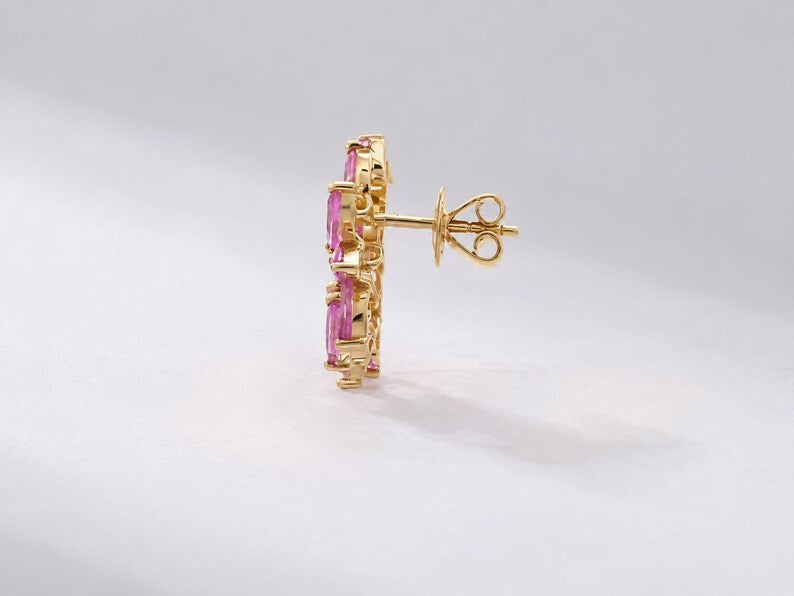Natural Pink Sapphire Floral Stud Earrings: Marquise Cut, Birthday Gift