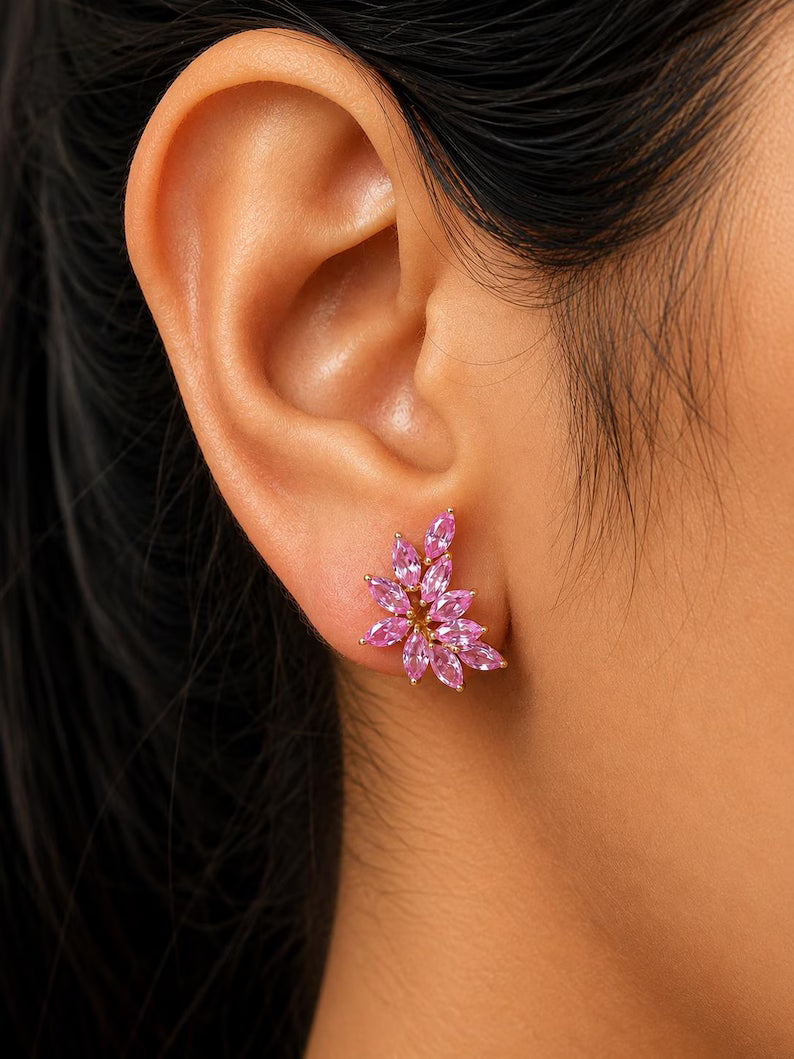 Natural Pink Sapphire Floral Stud Earrings: Marquise Cut, Birthday Gift