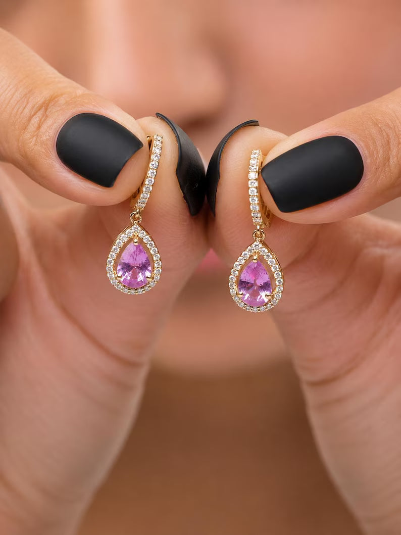 Natural Pink Sapphire Hoop Earrings, Pear Drop Earrings: 14K Rose Gold, Halo Diamond Hoops