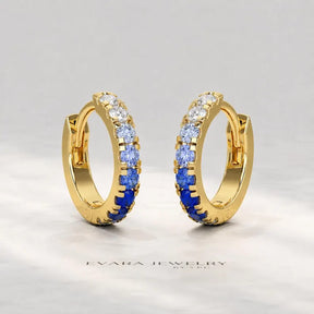 Natural Ombre Blue Sapphire Pave Hoop Earrings: Dainty Hoops, Something Blue Wedding Gift