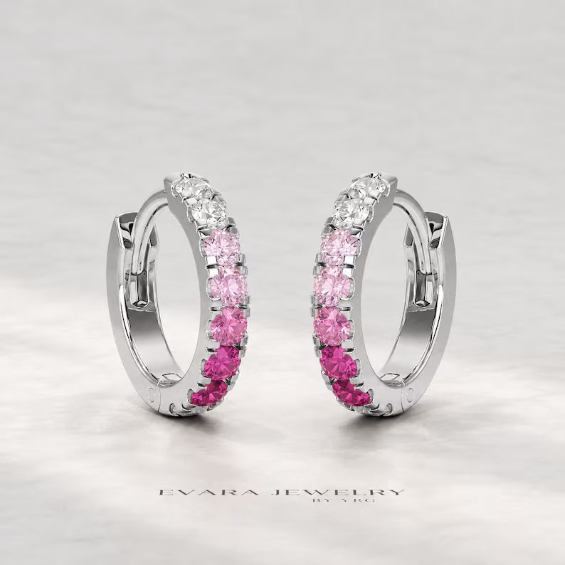 Natural Pink Sapphire Ombre Hoop Earrings: Dainty Hoops, Birthday Gift for Her