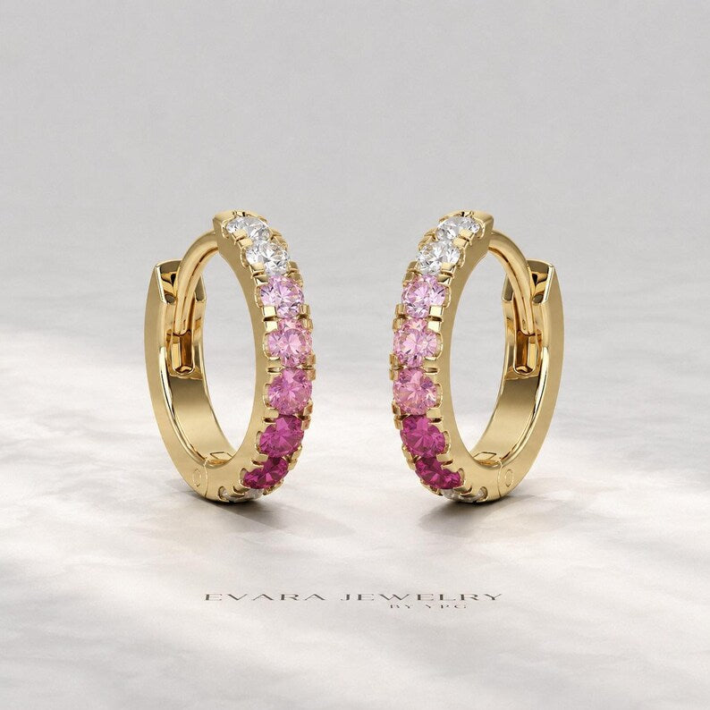 Natural Pink Sapphire Ombre Hoop Earrings: Dainty Hoops, Birthday Gift for Her