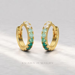 Natural Emerald Teal Ombre & Lab Diamond Hoop Earrings: Everyday Hoops, Birthday Gift for Her