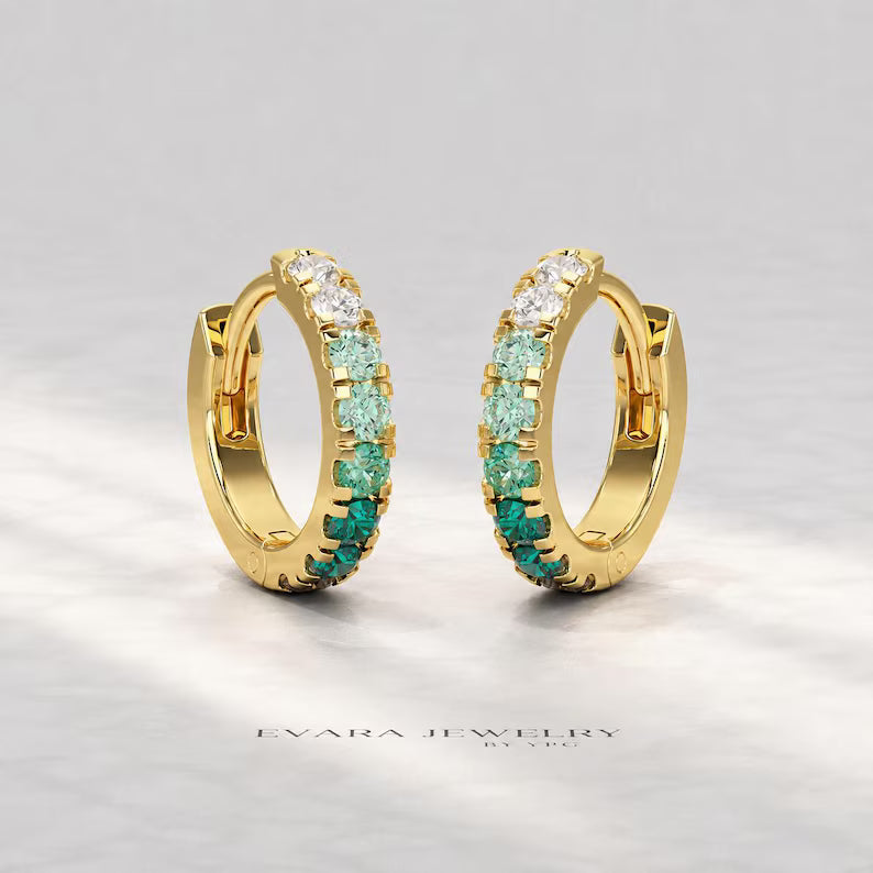 Natural Emerald Teal Ombre & Lab Diamond Hoop Earrings: Everyday Hoops, Birthday Gift for Her