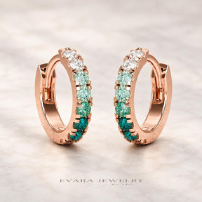 Natural Emerald Teal Ombre & Lab Diamond Hoop Earrings: Everyday Hoops, Birthday Gift for Her