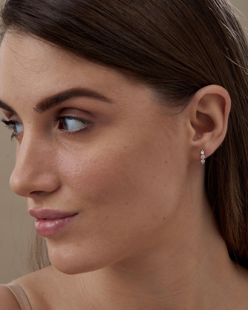 Lab Grown CVD Diamond Hoop Earrings: Three Stone Diamond Huggies, Birthday Gift for Her