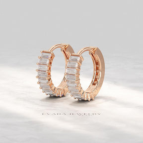 Baguette Cut Lab Grown Diamond Hoop Earrings: Art Deco Huggies, 14K Gold Everyday Wear