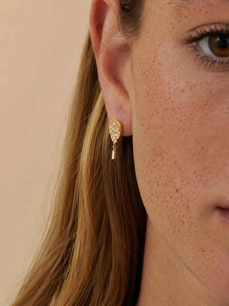 Baguette Cut Lab Grown Diamond Stud Earrings: Diamond Mosaic Earring