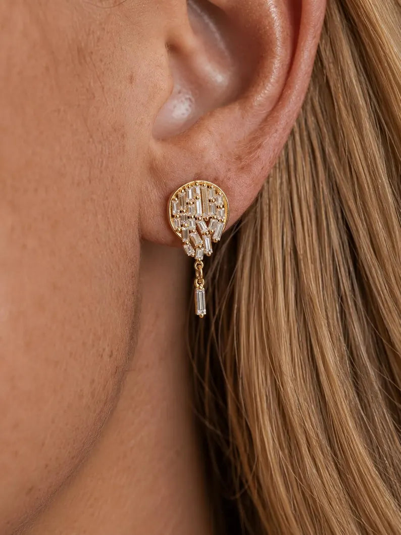 Baguette Cut Lab Grown Diamond Stud Earrings: Diamond Mosaic Earring