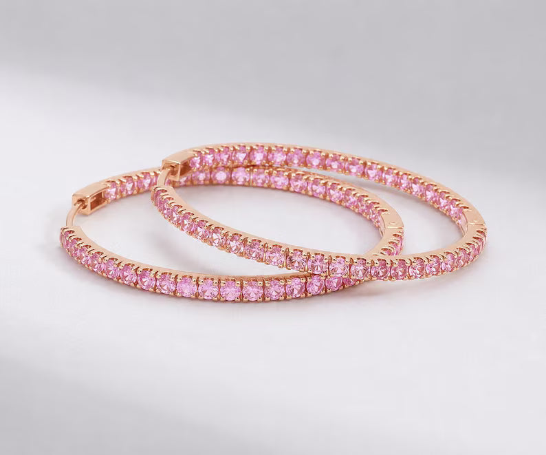 Natural Pink Sapphire Thin Inside Out Hoop Earrings: Luxury Big Hoops