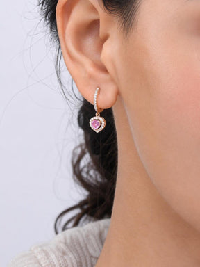 Natural Pink Sapphire Hoop Earrings: Heart Cut 14K Rose Gold, Halo Diamond Hoops