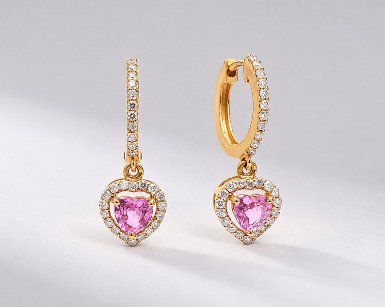 Natural Pink Sapphire Hoop Earrings: Heart Cut 14K Rose Gold, Halo Diamond Hoops