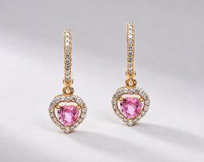 Natural Pink Sapphire Hoop Earrings: Heart Cut 14K Rose Gold, Halo Diamond Hoops