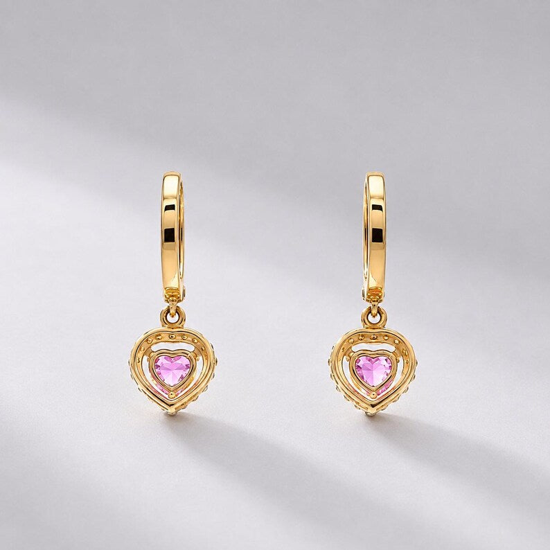 Natural Pink Sapphire Hoop Earrings: Heart Cut 14K Rose Gold, Halo Diamond Hoops
