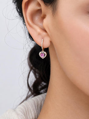 Natural Pink Sapphire Hoop Earrings: Heart Cut 14K Rose Gold, Halo Diamond Hoops