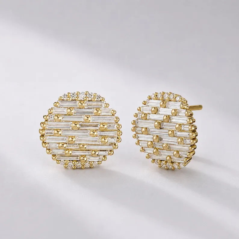 Lab Grown Diamond Art Deco Stud Earrings: 14K Solid Gold
