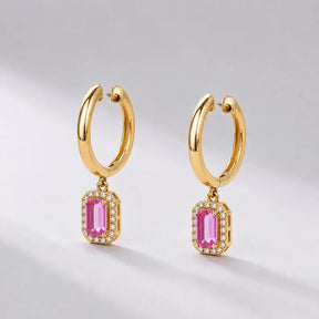 1 Carat Natural Pink Sapphire Hoop Earrings: Emerald Cut, 14K Yellow Gold
