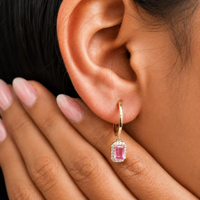 1 Carat Natural Pink Sapphire Hoop Earrings: Emerald Cut, 14K Yellow Gold