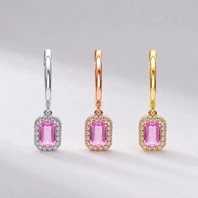 1 Carat Natural Pink Sapphire Hoop Earrings: Emerald Cut, 14K Yellow Gold