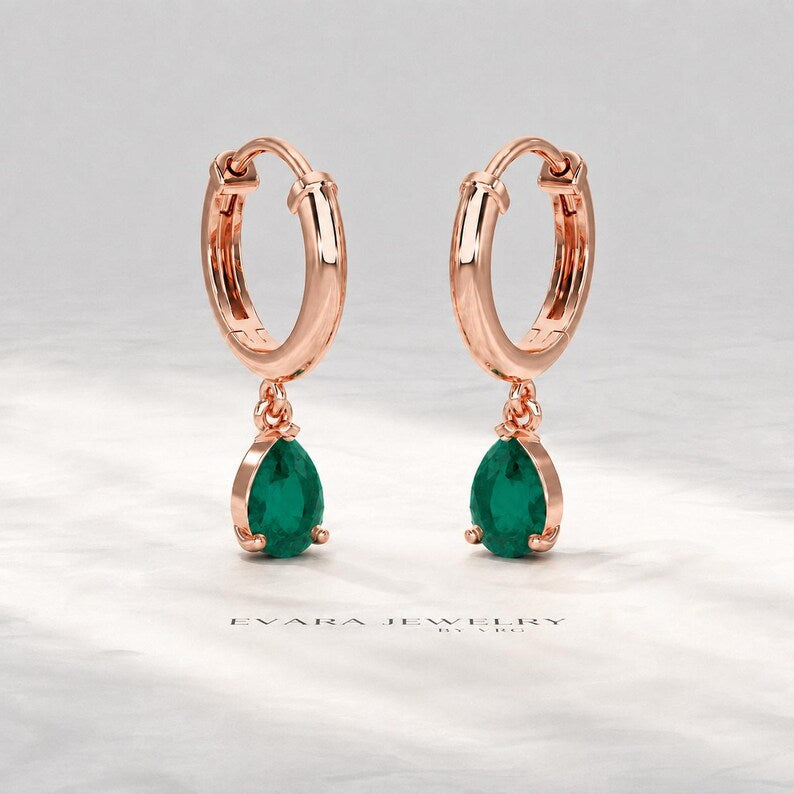 Natural Emerald Classic Hoop Everyday Earrings: 14K Yellow Gold