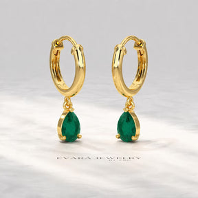 Natural Emerald Classic Hoop Everyday Earrings: 14K Yellow Gold
