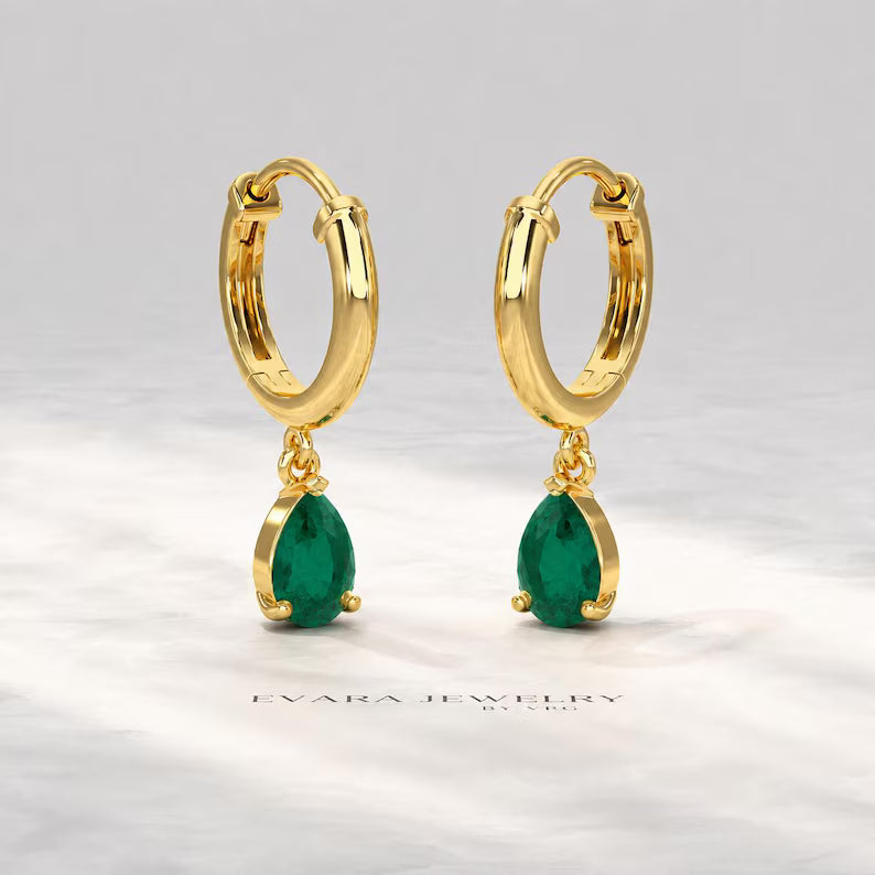 Natural Emerald Classic Hoop Everyday Earrings: 14K Yellow Gold