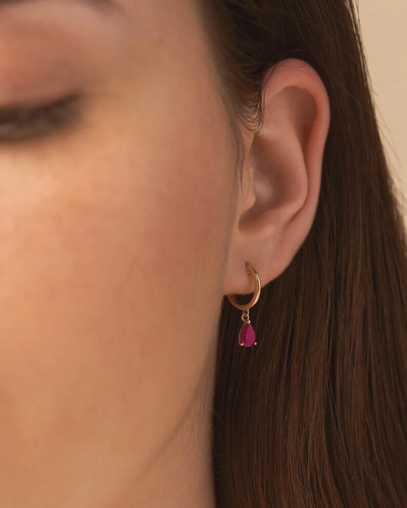 Natural Ruby Classic Everyday Hoop Earrings: 14K Rose Gold, July Birthstone