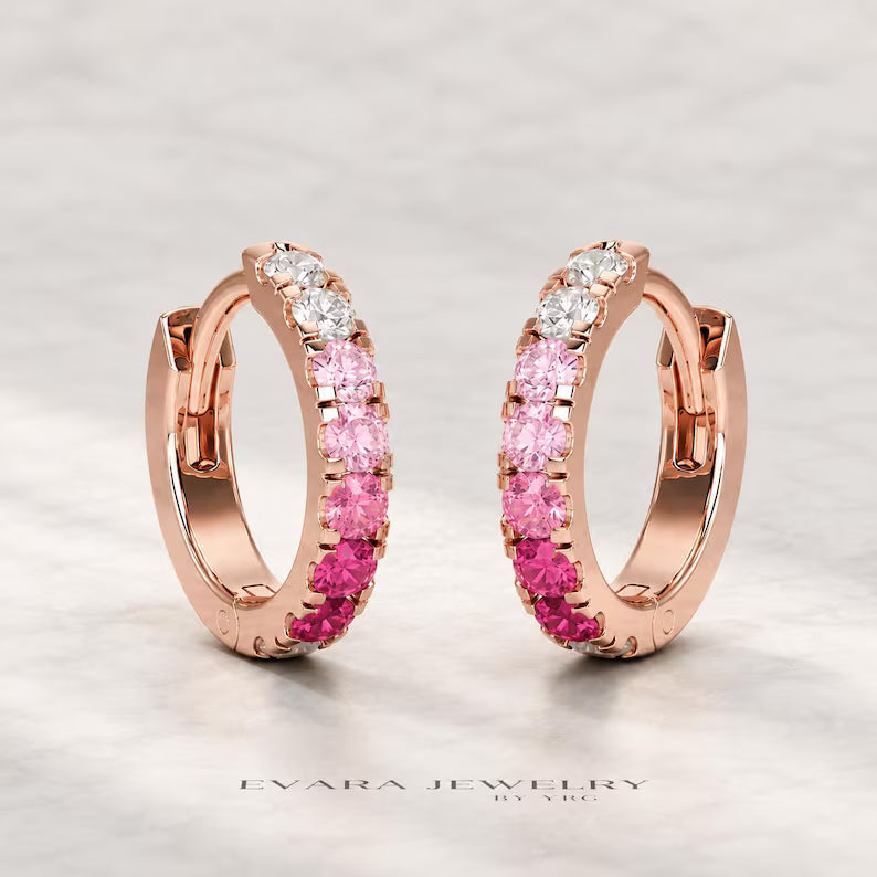 Natural Pink Sapphire Ombre Hoop Earrings: Dainty Hoops, Birthday Gift for Her
