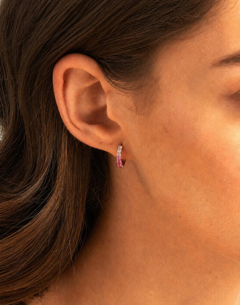 Natural Pink Sapphire Ombre Hoop Earrings: Dainty Hoops, Birthday Gift for Her